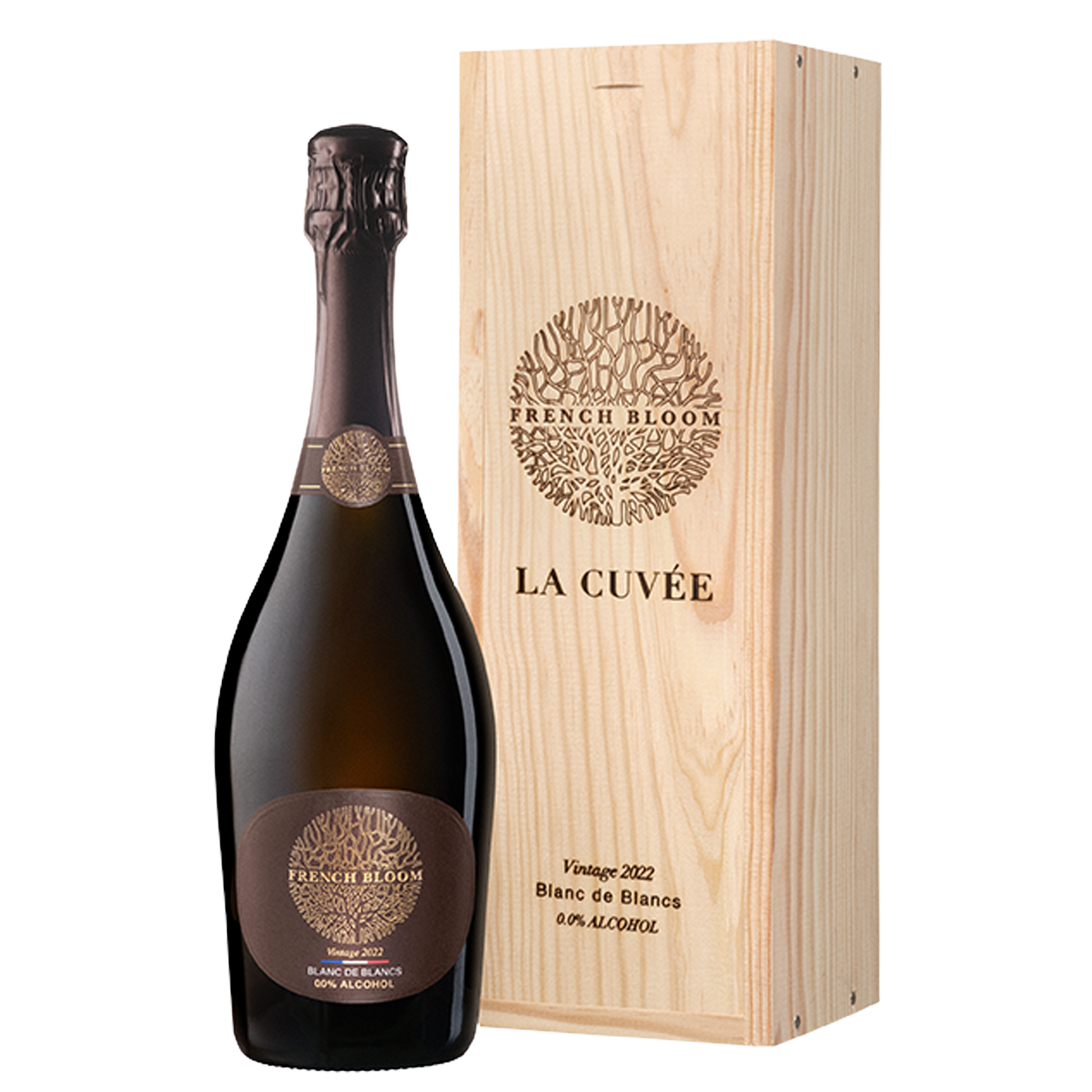 alcoholvrije champagne van French Bloom in een prachtige houten box