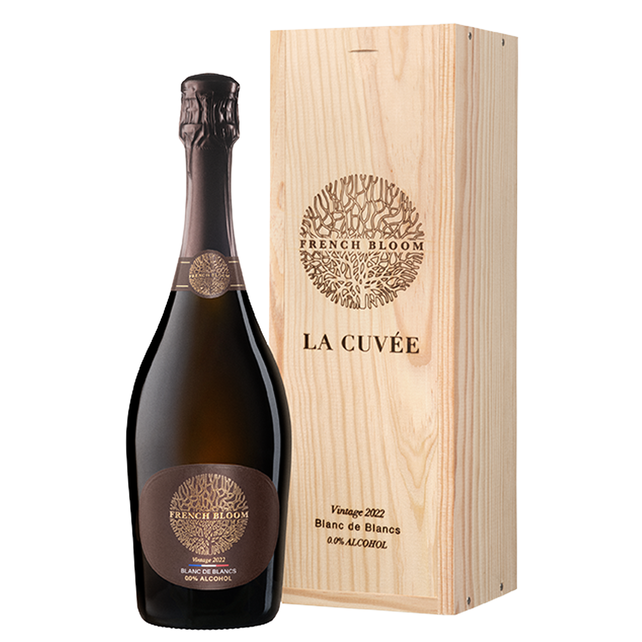 alcoholvrije champagne van French Bloom in een prachtige houten box