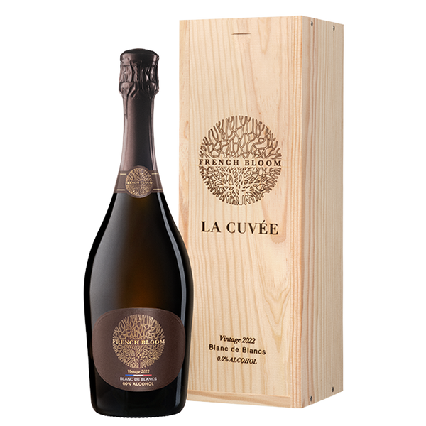 alcoholvrije champagne van French Bloom in een prachtige houten box