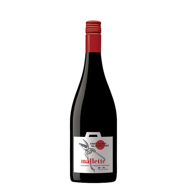 Mallette alcoholvrije Cabernet Sauvignon wijnfles met rode dop op witte achtergrond
