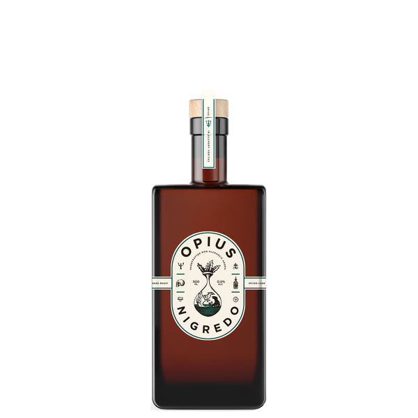 Opius Nigredo alcoholvrije spirit fles, bruin glas, World of NIX online shop Nederland