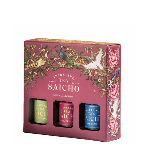 Packshot sparkling tea's van Saicho in een giftset