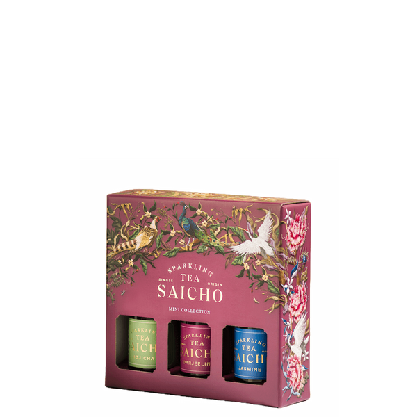 Saicho sparkling tea giftset met drie mini flessen, luxe verpakking met vogels, World of Nix