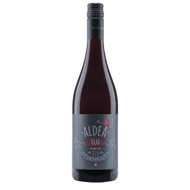 Fles Aldea Tempranillo non-alcoholische rode wijn met sierlijk etiket.