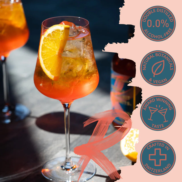 De Rebels 0.0% Dolce Spritz als cocktail in een glas met de daarbij behorende unique selling points.