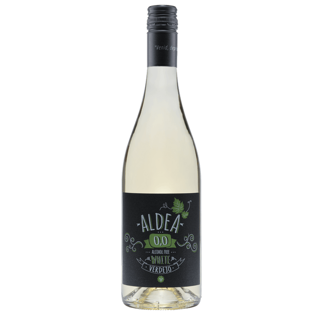 Fles Aldea 0.0% Verdejo witte wijn met etiket.