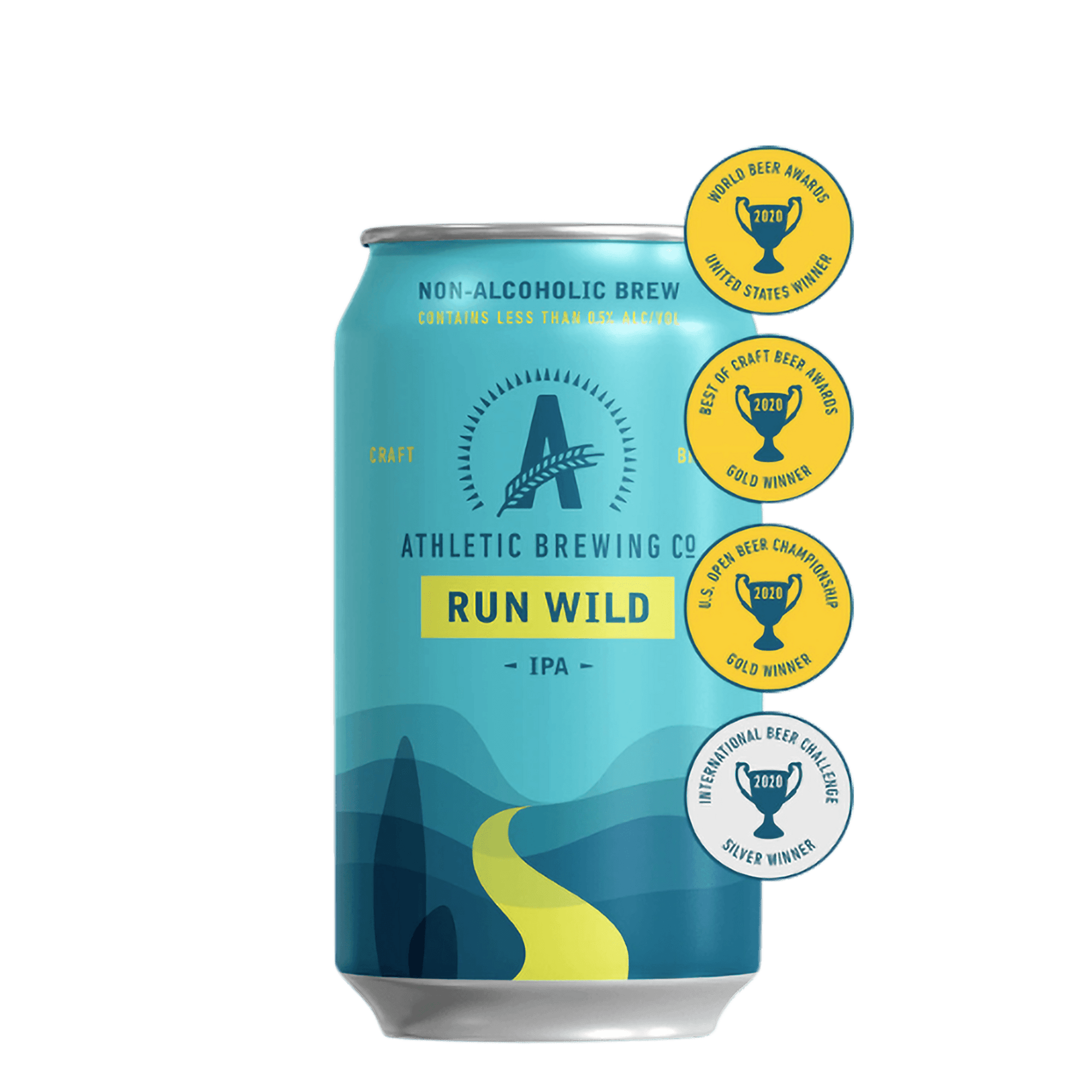 Een blikje Athletic Brewing's 'Run Wild' non-alcoholische IPA, turquoise met een landschapsontwerp en verschillende gouden award-stickers rond de bovenrand.