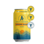 Een geel blikje Athletic Brewing's 'Upside Dawn' non-alcoholische Golden Ale met een design dat landschapselementen toont en omringd door gouden award-stickers.