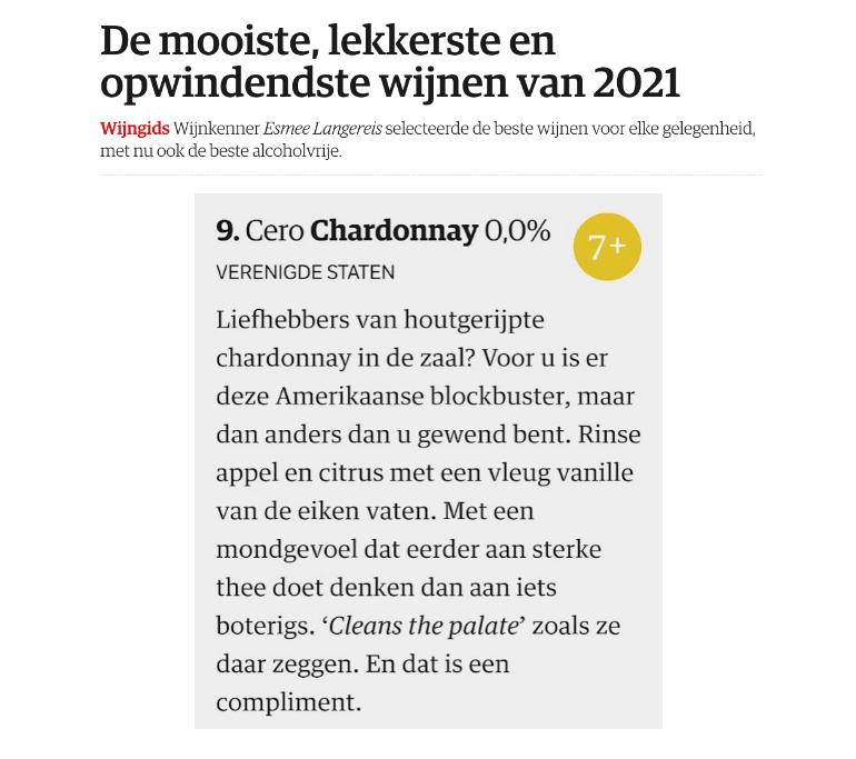 Een berichtje in de wijngids over de Cero alcoholvrije Chardonnay.